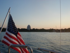 american flag on the lake